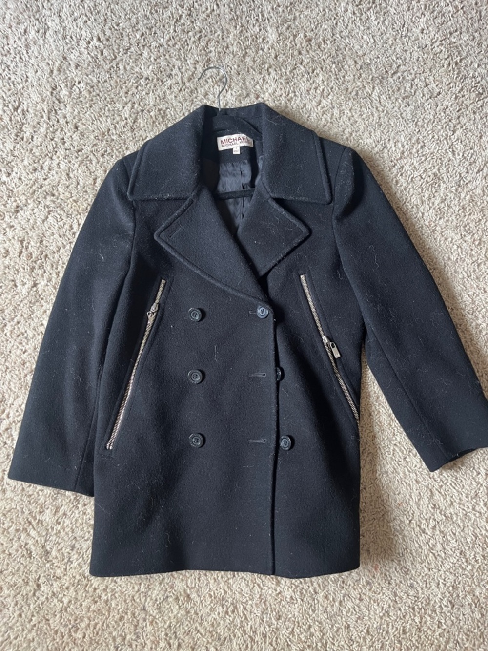 Michael Kors Black Double-Breasted Peacoat with Zip Pockets